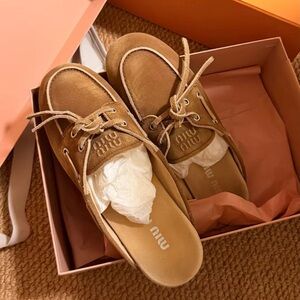 Miu Miu Tan Suede Boat Shoe Slippers
